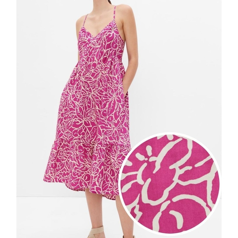 Gap Womens Large Dress Deep V-Neck Cami Midi Babydoll Floral Tiered Smocked Cott